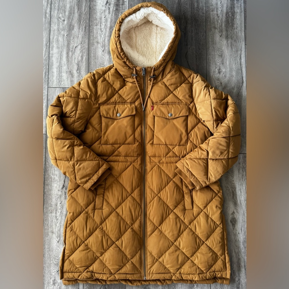 Levi’s Womens Soft Sherpa Lined Diamond Quilted Long Parka Jacket XXL Puffer 2XL